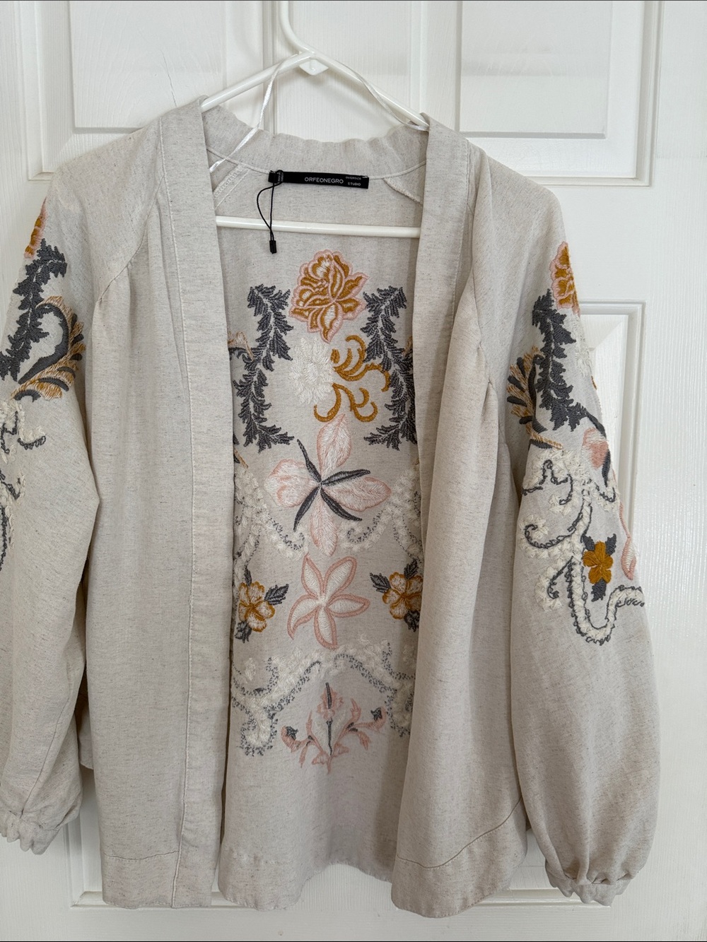 Orfeo Negro Embroidered Linen Blend Kimono Jacket Cream Bohemian One Size NWOT